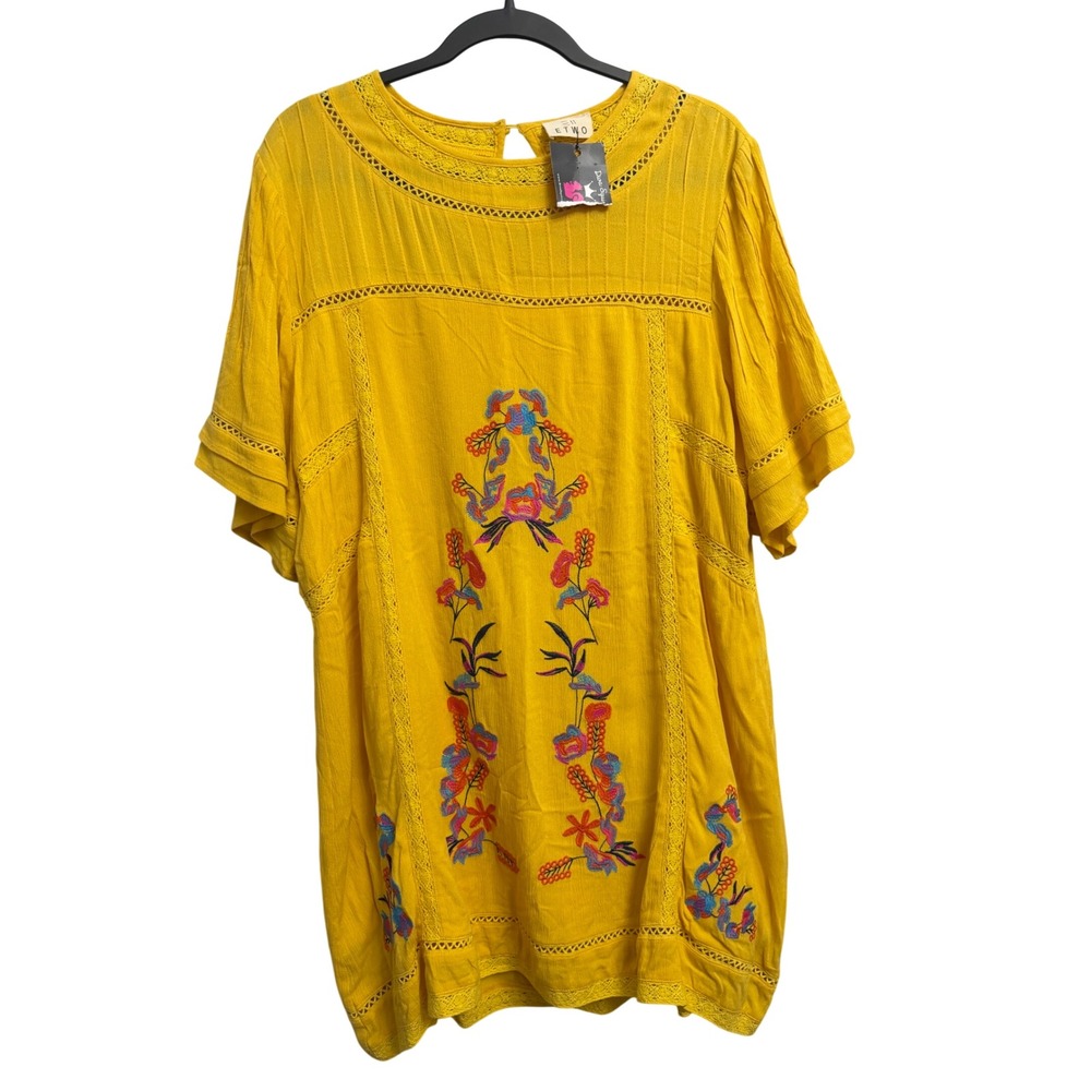 ETWO Mustard Yellow Embroidered Floral Lace Trim Tunic Top Large Boho Peasant